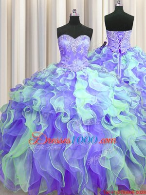 Three Piece Organza Sleeveless Floor Length Sweet 16 Dress and Beading and Appliques and Ruffles