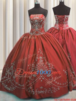 Strapless Sleeveless Quinceanera Gown Floor Length Beading and Embroidery Wine Red Taffeta