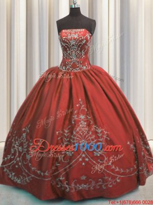 Strapless Sleeveless Quinceanera Gown Floor Length Beading and Embroidery Wine Red Taffeta