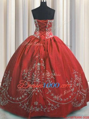 Strapless Sleeveless Quinceanera Gown Floor Length Beading and Embroidery Wine Red Taffeta