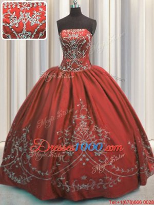 Strapless Sleeveless Quinceanera Gown Floor Length Beading and Embroidery Wine Red Taffeta