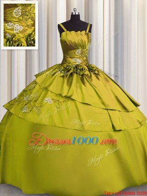 Low Price Embroidery Spaghetti Straps Sleeveless Lace Up Quinceanera Dress Olive Green Satin