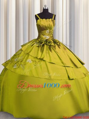 Low Price Embroidery Spaghetti Straps Sleeveless Lace Up Quinceanera Dress Olive Green Satin