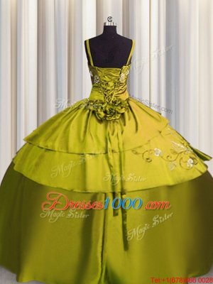 Low Price Embroidery Spaghetti Straps Sleeveless Lace Up Quinceanera Dress Olive Green Satin