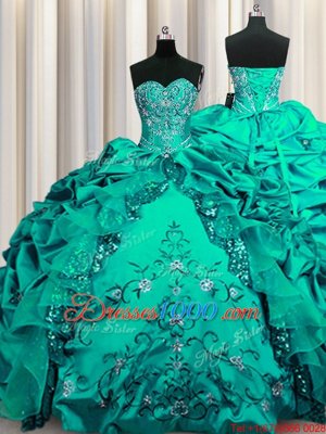 Traditional Sequins Sleeveless Floor Length Beading and Embroidery and Ruffles and Pick Ups Lace Up Sweet 16 Dress with Dark Green