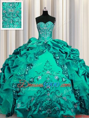 Traditional Sequins Sleeveless Floor Length Beading and Embroidery and Ruffles and Pick Ups Lace Up Sweet 16 Dress with Dark Green