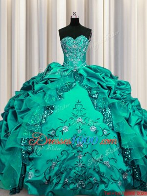 Traditional Sequins Sleeveless Floor Length Beading and Embroidery and Ruffles and Pick Ups Lace Up Sweet 16 Dress with Dark Green