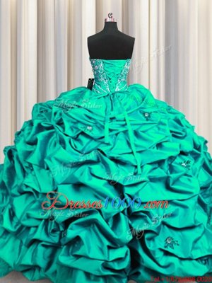 Traditional Sequins Sleeveless Floor Length Beading and Embroidery and Ruffles and Pick Ups Lace Up Sweet 16 Dress with Dark Green