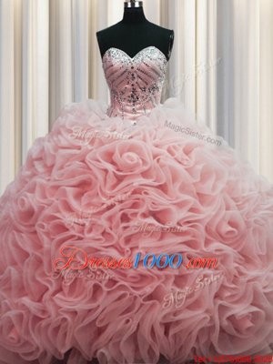 Suitable Rolling Flowers Brush Train Beading and Pick Ups Quince Ball Gowns Baby Pink Lace Up Sleeveless Floor Length