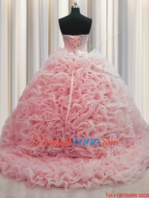 Suitable Rolling Flowers Brush Train Beading and Pick Ups Quince Ball Gowns Baby Pink Lace Up Sleeveless Floor Length