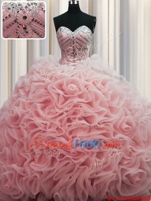 Suitable Rolling Flowers Brush Train Beading and Pick Ups Quince Ball Gowns Baby Pink Lace Up Sleeveless Floor Length