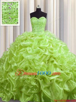 Admirable Yellow Green Quince Ball Gowns Military Ball and Sweet 16 and Quinceanera and For with Beading and Pick Ups Sweetheart Sleeveless Court Train Lace Up