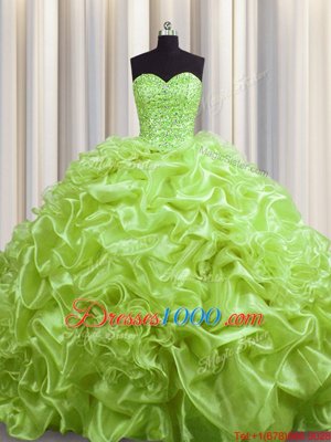 Admirable Yellow Green Quince Ball Gowns Military Ball and Sweet 16 and Quinceanera and For with Beading and Pick Ups Sweetheart Sleeveless Court Train Lace Up