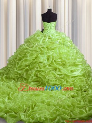 Admirable Yellow Green Quince Ball Gowns Military Ball and Sweet 16 and Quinceanera and For with Beading and Pick Ups Sweetheart Sleeveless Court Train Lace Up