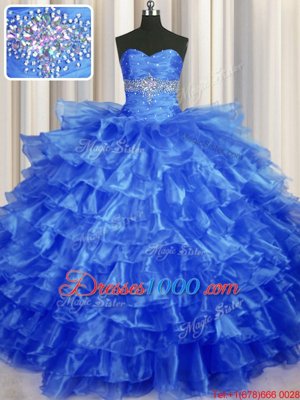 Ruffled Layers Floor Length Royal Blue Quince Ball Gowns Sweetheart Sleeveless Lace Up