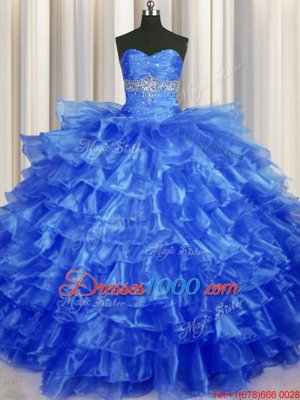 Ruffled Layers Floor Length Royal Blue Quince Ball Gowns Sweetheart Sleeveless Lace Up