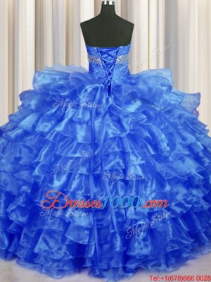 Ruffled Layers Floor Length Royal Blue Quince Ball Gowns Sweetheart Sleeveless Lace Up