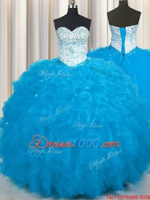Custom Design Baby Blue Sweetheart Neckline Beading and Ruffles Quinceanera Dresses Sleeveless Lace Up