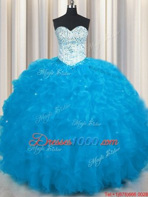 Custom Design Baby Blue Sweetheart Neckline Beading and Ruffles Quinceanera Dresses Sleeveless Lace Up