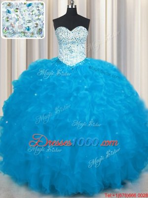 Custom Design Baby Blue Sweetheart Neckline Beading and Ruffles Quinceanera Dresses Sleeveless Lace Up