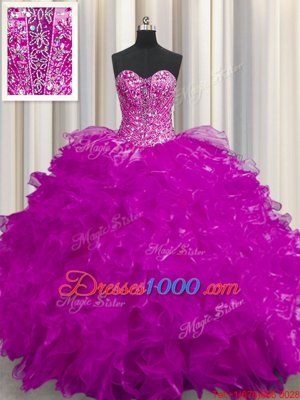 New Arrival Lace Up Strapless Beading and Ruffles Ball Gown Prom Dress Organza Sleeveless Sweep Train