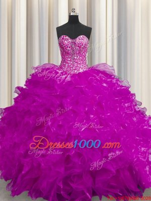 New Arrival Lace Up Strapless Beading and Ruffles Ball Gown Prom Dress Organza Sleeveless Sweep Train