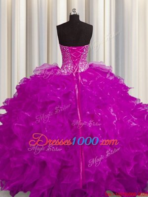 New Arrival Lace Up Strapless Beading and Ruffles Ball Gown Prom Dress Organza Sleeveless Sweep Train