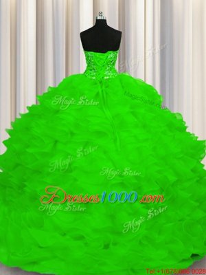 New Arrival Lace Up Strapless Beading and Ruffles Ball Gown Prom Dress Organza Sleeveless Sweep Train