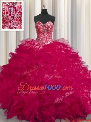 Cheap See Through Coral Red Sleeveless Floor Length Beading and Ruffles Lace Up Quinceanera Gowns