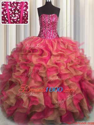 Visible Boning Beaded Bodice Multi-color Organza Lace Up Quinceanera Gowns Sleeveless Floor Length Beading and Ruffles