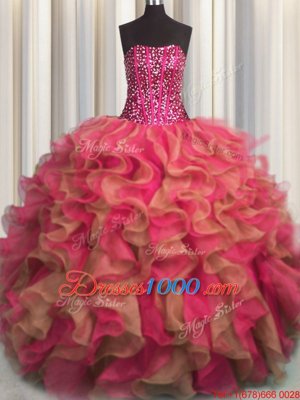 Visible Boning Beaded Bodice Multi-color Organza Lace Up Quinceanera Gowns Sleeveless Floor Length Beading and Ruffles