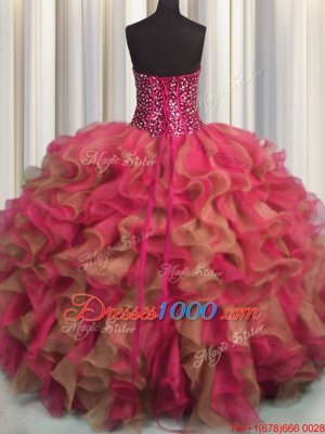 Visible Boning Beaded Bodice Multi-color Organza Lace Up Quinceanera Gowns Sleeveless Floor Length Beading and Ruffles
