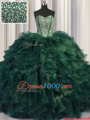 Glamorous Bling-bling Sweetheart Sleeveless 15th Birthday Dress With Brush Train Beading and Ruffles Dark Green Organza