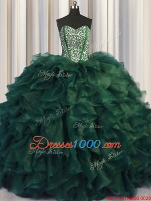 Glamorous Bling-bling Sweetheart Sleeveless 15th Birthday Dress With Brush Train Beading and Ruffles Dark Green Organza