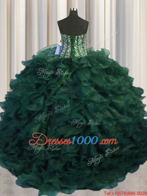 Glamorous Bling-bling Sweetheart Sleeveless 15th Birthday Dress With Brush Train Beading and Ruffles Dark Green Organza