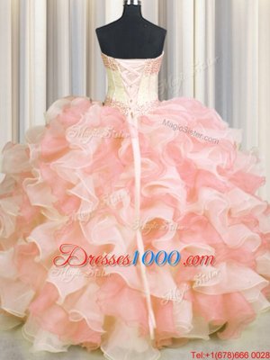 Visible Boning Two Tone Organza Sleeveless Floor Length 15th Birthday Dress and Beading and Ruffles