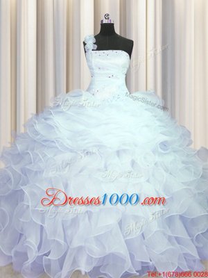 One Shoulder Sleeveless Organza Quinceanera Dresses Beading and Ruffles Zipper