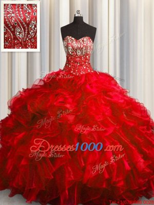 Red Organza Lace Up Sweetheart Sleeveless With Train Ball Gown Prom Dress Brush Train Beading and Ruffles