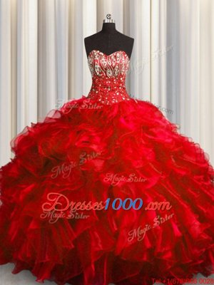 Red Organza Lace Up Sweetheart Sleeveless With Train Ball Gown Prom Dress Brush Train Beading and Ruffles