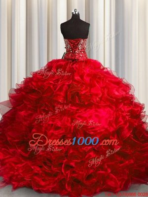 Red Organza Lace Up Sweetheart Sleeveless With Train Ball Gown Prom Dress Brush Train Beading and Ruffles