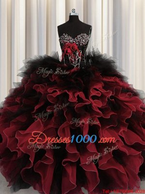 Glorious Red And Black Sweetheart Lace Up Beading and Ruffles Sweet 16 Dresses Sleeveless