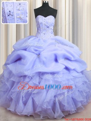 Customized Visible Boning Ball Gowns Ball Gown Prom Dress Lavender Sweetheart Organza Sleeveless Floor Length Lace Up