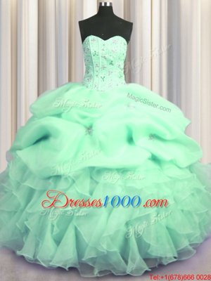 Exquisite Visible Boning Bling-bling Beading and Ruffles Quinceanera Gown Rose Pink Lace Up Sleeveless With Brush Train