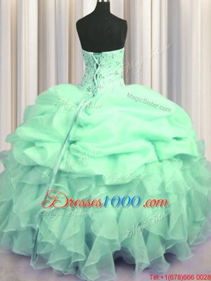 Exquisite Visible Boning Bling-bling Beading and Ruffles Quinceanera Gown Rose Pink Lace Up Sleeveless With Brush Train