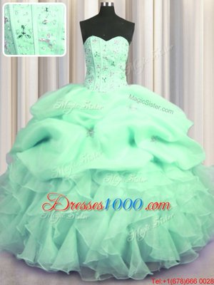 Artistic Visible Boning Two Tone Multi-color Organza Lace Up 15th Birthday Dress Sleeveless Floor Length Beading and Ruffles