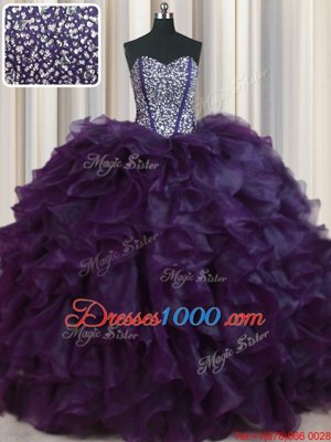 Visible Boning Bling-bling Brush Train Ball Gowns 15 Quinceanera Dress Dark Purple Sweetheart Organza Sleeveless With Train Lace Up