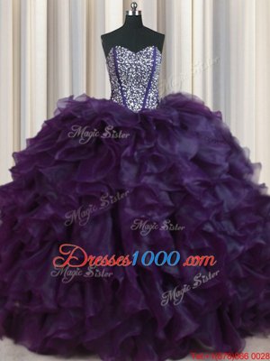 Visible Boning Bling-bling Brush Train Ball Gowns 15 Quinceanera Dress Dark Purple Sweetheart Organza Sleeveless With Train Lace Up