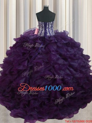 Visible Boning Bling-bling Brush Train Ball Gowns 15 Quinceanera Dress Dark Purple Sweetheart Organza Sleeveless With Train Lace Up