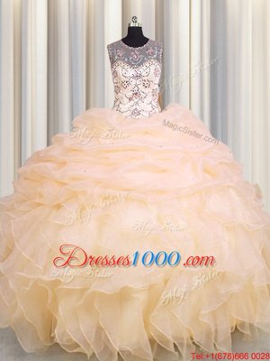 Glamorous Scoop See Through Peach Organza Lace Up Vestidos de Quinceanera Sleeveless Floor Length Beading and Ruffles and Pick Ups