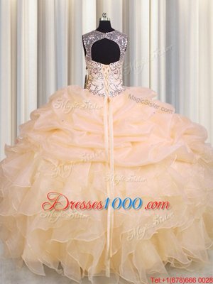 Glamorous Scoop See Through Peach Organza Lace Up Vestidos de Quinceanera Sleeveless Floor Length Beading and Ruffles and Pick Ups